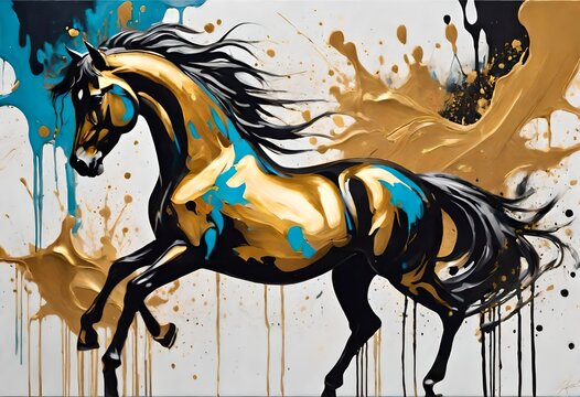 Fluid brushstrokes and bold splatters of gold converge to depict the graceful silhouette of a horse within an abstract oil masterpiece on canvas