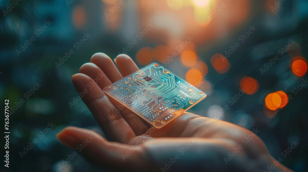 Poster a tiny intricate device sits in the palm of a hand its components made entirely of advanced polymers