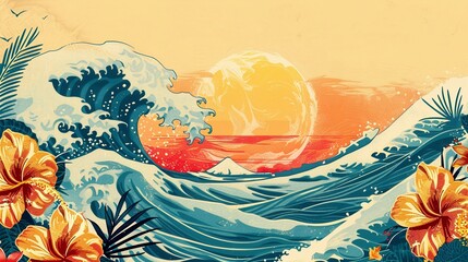 Asian waves and tropical flowers, banner for AAPI in may