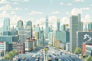 A dynamic wallpaper illustration capturing the essence of a bustling metropolis, with busy streets, towering buildings, and a constant stream of activity, Generative AI