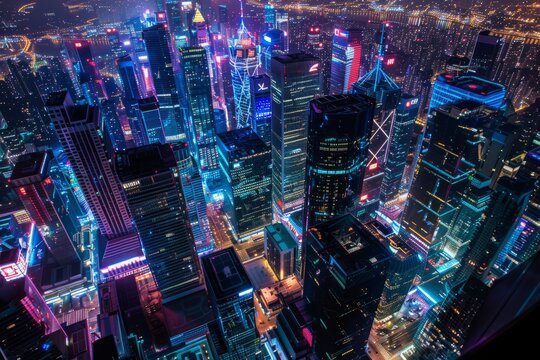 A mesmerizing wallpaper design portraying a bustling city skyline at night, with skyscrapers aglow with colorful lights and the streets below alive with activity,  Generative AI