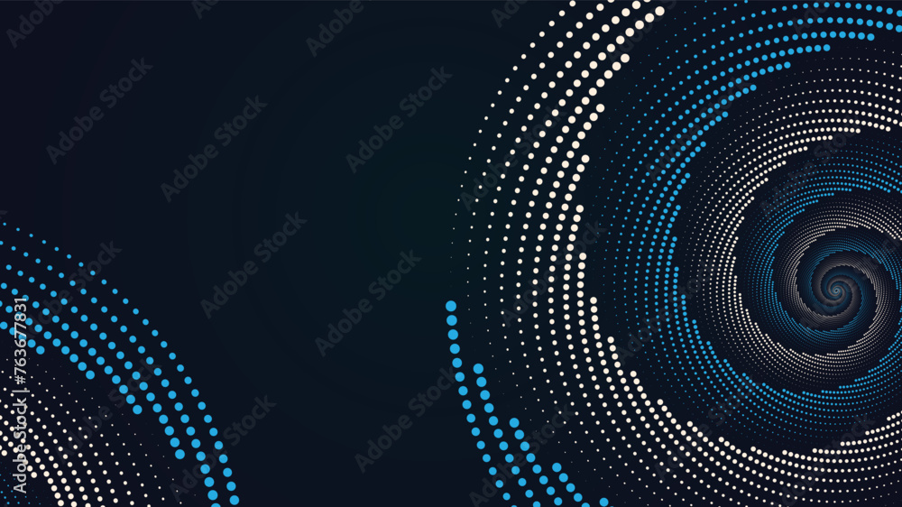Poster a futuristic background design with dots blended in circular path.