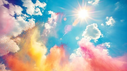 Sunny sky with clouds whimsically tinged with rainbow hues, conveying optimism and joy.