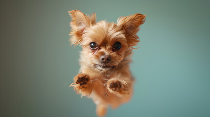 Dog jumping in the air, small orange fluffy dog on isolated backgroun