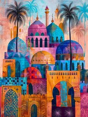 Naklejka premium A painting depicting a colorful cityscape with tall palm trees under a bright sky