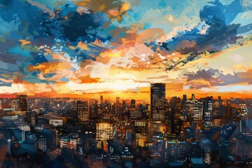 A mesmerizing wallpaper design showcasing a bustling city skyline at sunset, with warm hues painting the sky and the city coming alive with activity, creating a sense of warmth, Generativem AI