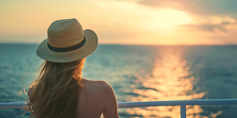 woman on the beach wearing a beige sunhat while sitting on a boat and looking sea