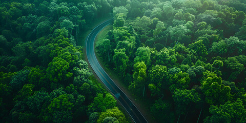 op view road and green trees from above in the summer forest, forest narrow street road adventure, road through the green forest
