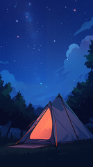 Hand drawn cartoon illustration of camping tent under the starry sky
