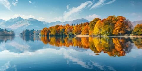  serene lake surrounded by colorful autumn trees reflections mirrored perfectly the water's surface serene lake reflecting the vibrant colors of autumn