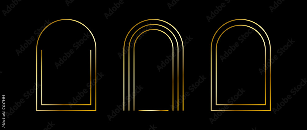 Poster golden thin arc frame set. gold geometric borders in art deco style. thin linear arch and curved sha