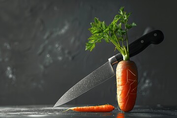 Sharp and Ready: A Close-Up of a Carrot Being Sliced with a Knife