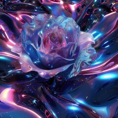 Radiant Beauty: A Mesmerizing Blue and Pink Crystalline Rose in the Celestial Realm