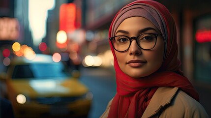 Captivating Portrait of a 30-Year-Old Plump Central Asian Woman with a Cap and Glasses - obrazy, fototapety, plakaty