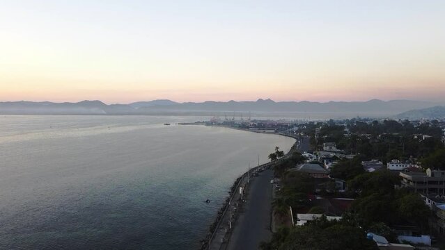 Aerial footage over Cap Haitien in Haiti during sunrise.
