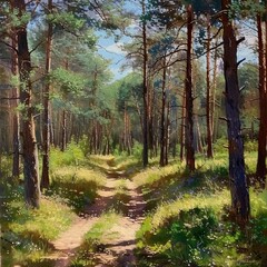 Obraz premium Pine forest panorama in summer. Pathway in the park