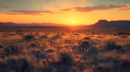 Sunset over a field in the steppe Beautiful landscape Silhouette journey through light