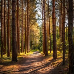 Fototapeta premium Pine forest panorama in summer. Pathway in the park