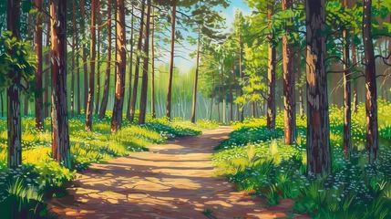 Foto op Plexiglas Pine forest panorama in summer. Pathway in the park © CREATIVE STOCK