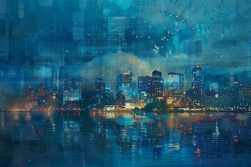 An atmospheric wallpaper design featuring a bustling city skyline at twilight, with twinkling lights, bustling traffic, and reflections dancing on the water, Generative AI