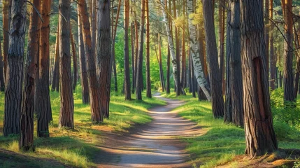 Zelfklevend Fotobehang Pine forest panorama in summer. Pathway in the park © CREATIVE STOCK
