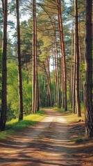 Obraz premium Pine forest panorama in summer. Pathway in the park