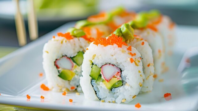 California roll sushi filed avocado, cucumber, crab sticks on white plate.