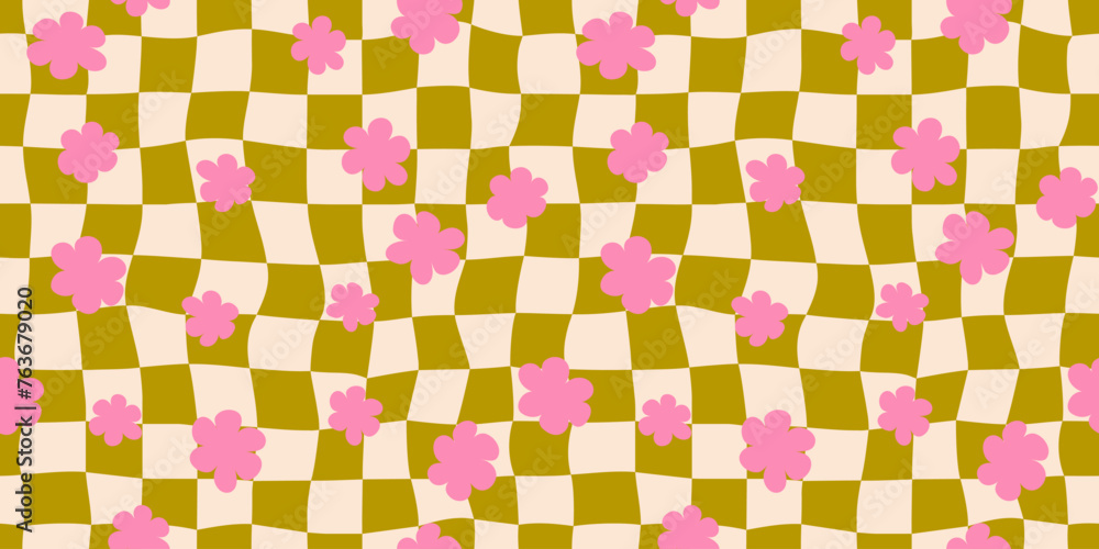 Poster seamless floral checkerboard pattern. repeating distorted checkered texture with daisy flowers. groo