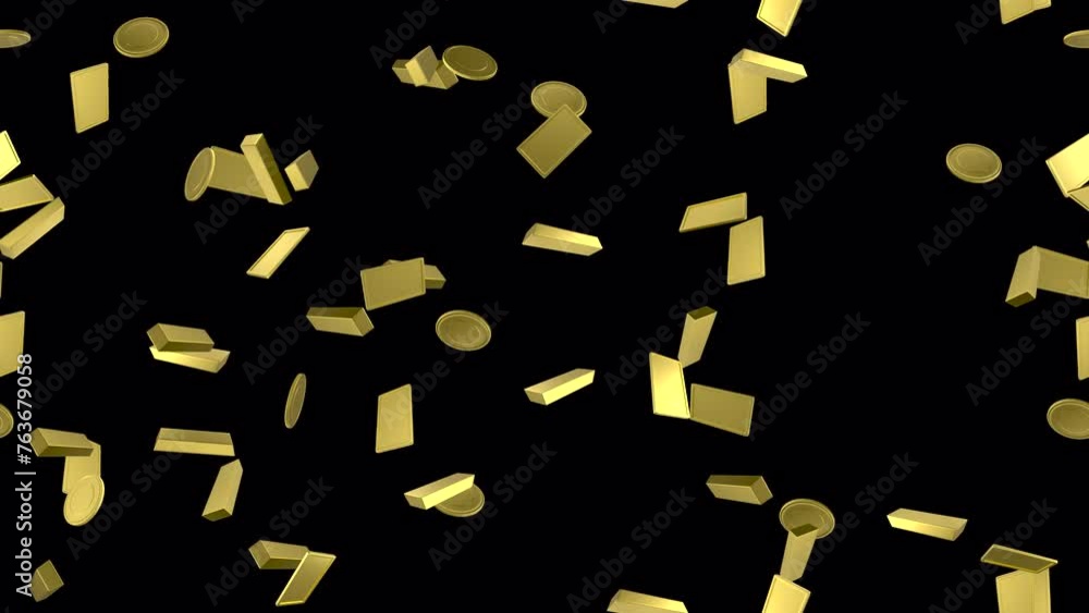 Poster gold bar bullion coin loop tile swirl with alpha.this 3d animation of gold bars bullions coins with 