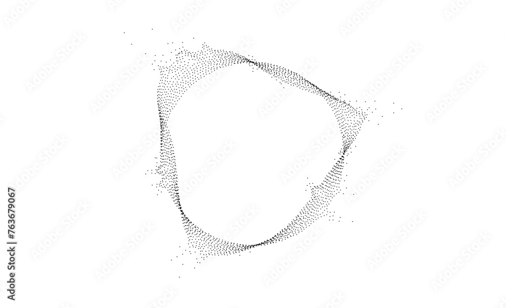 Poster Black dotted wavy lines with dissolve effect. Stipple disintegrating curved circle or ring. Halftone textured sphere with noise grain. Round grunge particles or speckles. Dispersing dot work. Vector