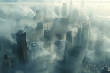 An atmospheric wallpaper illustration depicting a bustling cityscape enveloped in a soft morning fog, with skyscrapers rising from the mist and the streets below bustling with activity, Generative AI
