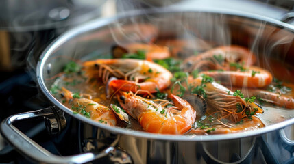 A pan filled with plump cooked shrimp, garnished with fresh parsley leaves, ready to be served.