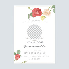 Floral funeral invitation template, roses on white background