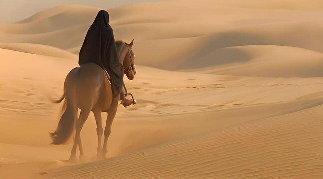 Saudi Arabian Gulf horsewoman wearing a black abaya riding a purebred brown mare