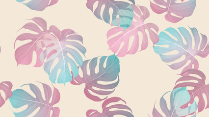 Seamless pattern, pastel Monstera leaves on light brown background - 763679263
