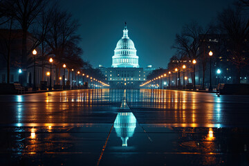 In evening, dome of Capitol Hill building of Home of Congress is illuminated, Washington, DC, USA. AI Generation - obrazy, fototapety, plakaty