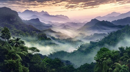  Jungle mountain vista sunrise - obrazy, fototapety, plakaty