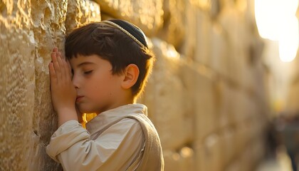 Child praying fervently to his God at the Western Wall with deep devotion and faith

