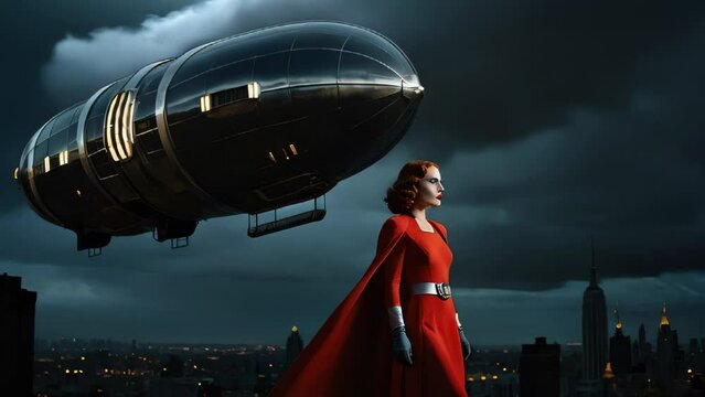 Woman in a red cape against a dark sky and city skyline, with an airship gliding in the sky.
