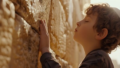 Young Jewish boy with deep faith and devotion praying at the Western Wall in Jerusalem

