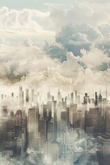 A captivating wallpaper design portraying a bustling city skyline against a backdrop of dramatic clouds and skyscrapers reaching towards the heavens, symbolizing the ambition, Generative AI