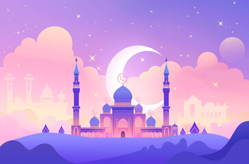 Purple Hari Raya: Embracing the Essence of Raya and Mosques - Illustration Designs for Eid al-Adha, Iftar, and Hari Raya Celebrations, Celebrating Muslim and Islamic Holidays.