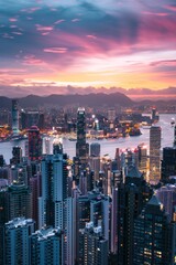 Fototapeta premium A captivating wallpaper design portraying a bustling urban landscape, with towering buildings, busy streets, and a diverse array of people going about their daily lives, Generative AI