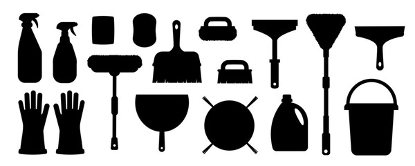 Professional cleaning tools silhouettes. Set of black cartoon cleaning tools for washing window, floor and wet cleaning isolated on white background. - obrazy, fototapety, plakaty