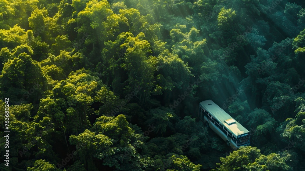 Wall mural the tour bus travels through the forest. forest image