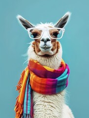Fototapeta premium A llama with glasses and a vibrant scarf wrapped around its neck