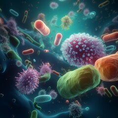 Highlight the beauty of microbiology through detailed depictions of bacteria and virusesvirus macro 3d render