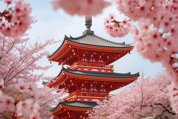 Spring blooming sakura cherry trees around traditional Japanese red pagoda Generative AI