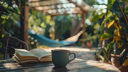 Intimate Garden Moments: A Macro View of a Book and Mug on a Rustic Table - obrazy, fototapety, plakaty