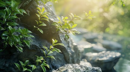 The summer sun shines on the rocks and green leaves